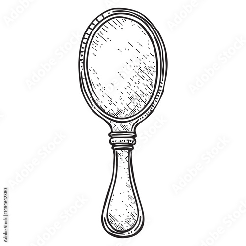 Vintage hand mirror vector sticker, black and white vector illustration