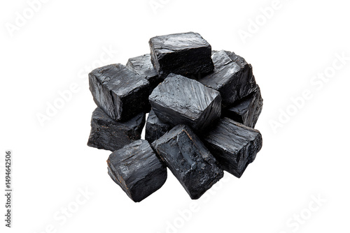 Stack of black charcoal briquettes with layered texture and shiny reflective surfaces, isolated on a transparent background
