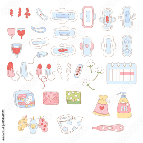 Pastel Cartoonish Menstrual Period Hygiene Essentials pads tampons cup calendar hand drawn vector clipart illustration set isolated on white. Woman health day and menstrual awareness design element.