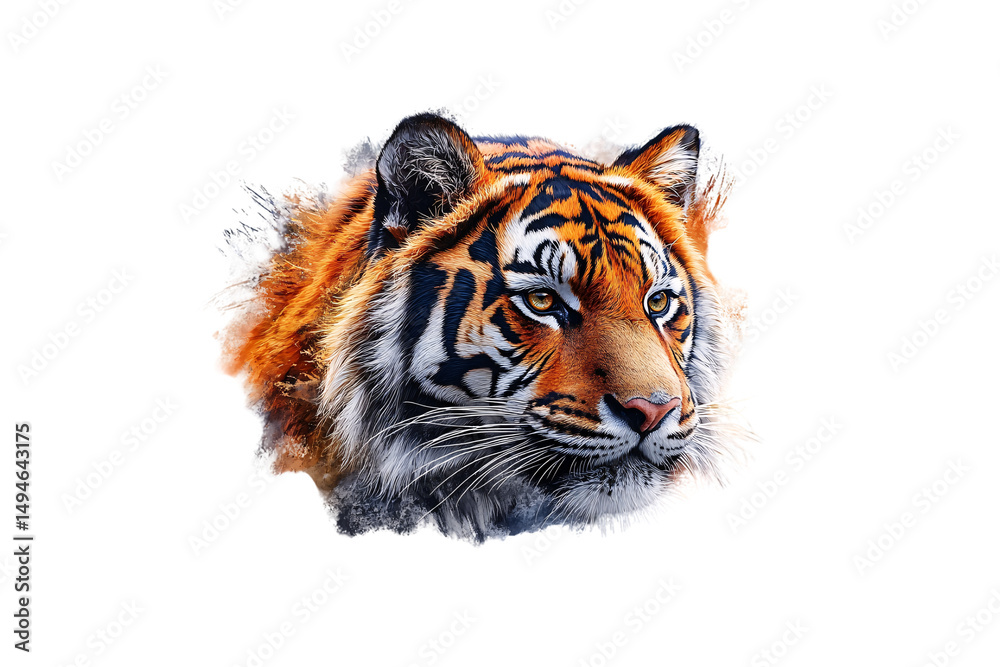 Tiger head with artistic brush stroke effects showing intense amber eyes, isolated on a transparent background