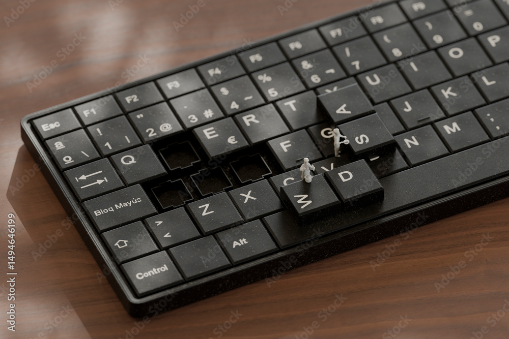 Tiny people working on a keyboard in a 3D concept Tiny people working on a keyboard in a 3D concept
