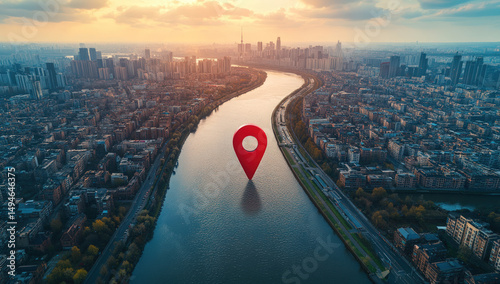 Urban river, red pin marker