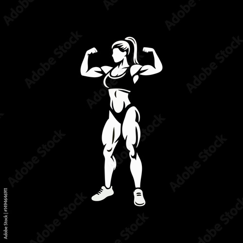 Modern cartoon flat style vector illustration of female bodybuilder fitness athlete showing sculpted abs ripped muscles competition health motivation strong woman posing sporty elegance empowerment