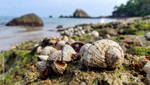 Seashells scattered on the shore with a captivating view of the ocean and islands