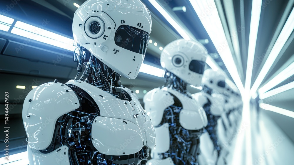 Fototapeta premium Three robots in a futuristic setting with glowing lights