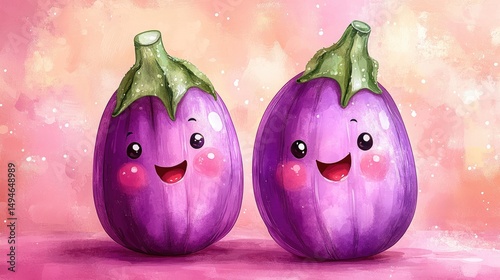Cute eggplant characters on pink background