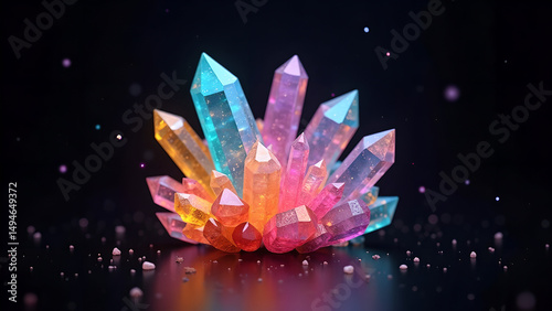 Vibrant Transparent Crystal Cluster with Geometric Shapes and Reflective Surfaces on a Dark Background