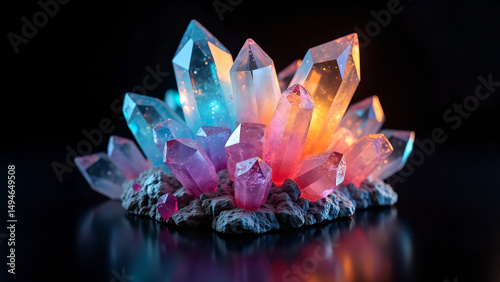 Vibrant Transparent Crystal Cluster with Geometric Shapes and Reflective Surfaces on a Dark Background