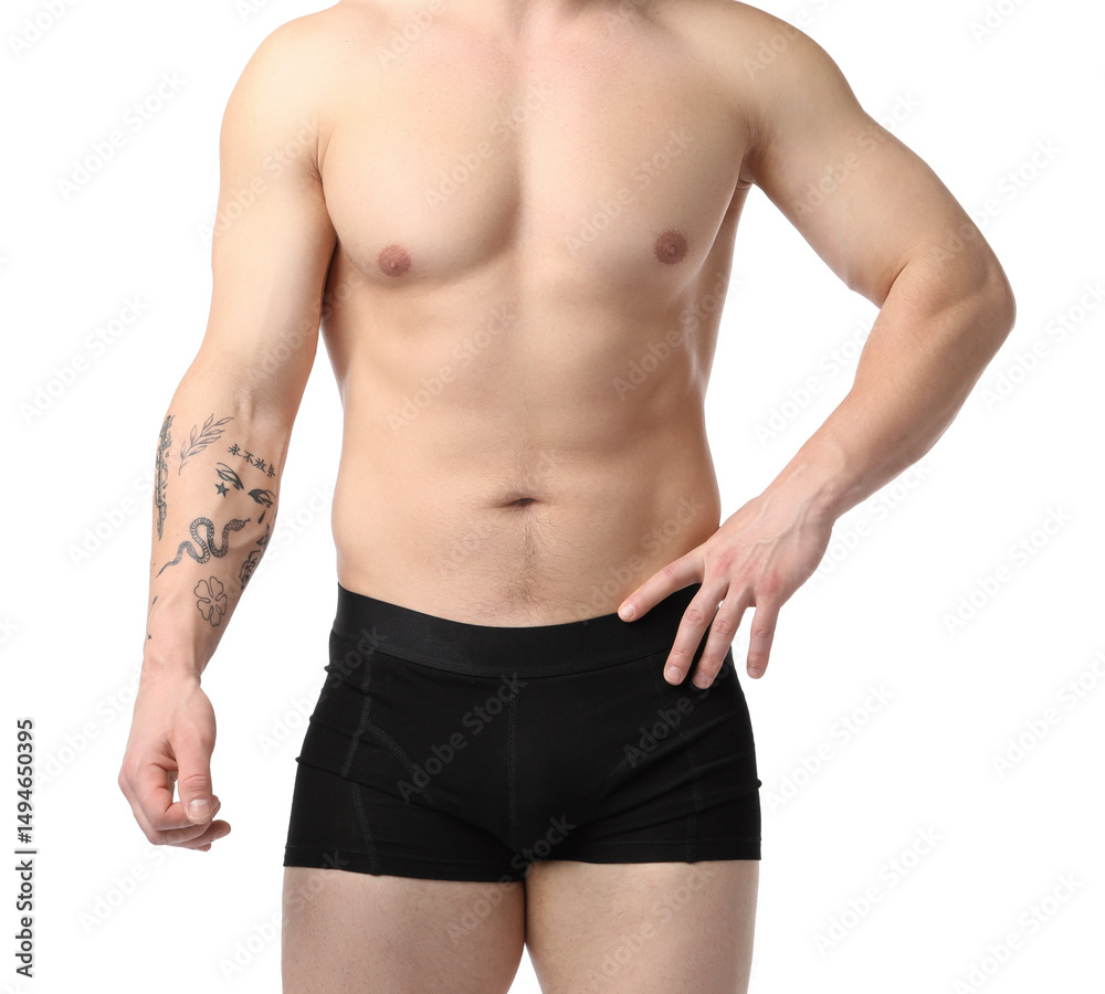 Young man in stylish black underwear on white background, closeup Young man in stylish black underwear on white background, closeup