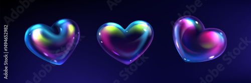 3d soap heart shaped bubbles in iridescent rainbow colors. Glossy reflective surface and translucent shiny texture. Holographic spectrum hues gradient cute romantic valentine day love symbols.