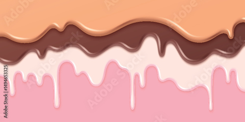 Melting ice cream drips background - white vanilla, brown chocolate and caramel creamy liquid flows down, milky sweet dessert splash, delicious frozen yogurt drops. Dribble tasty summer treat texture