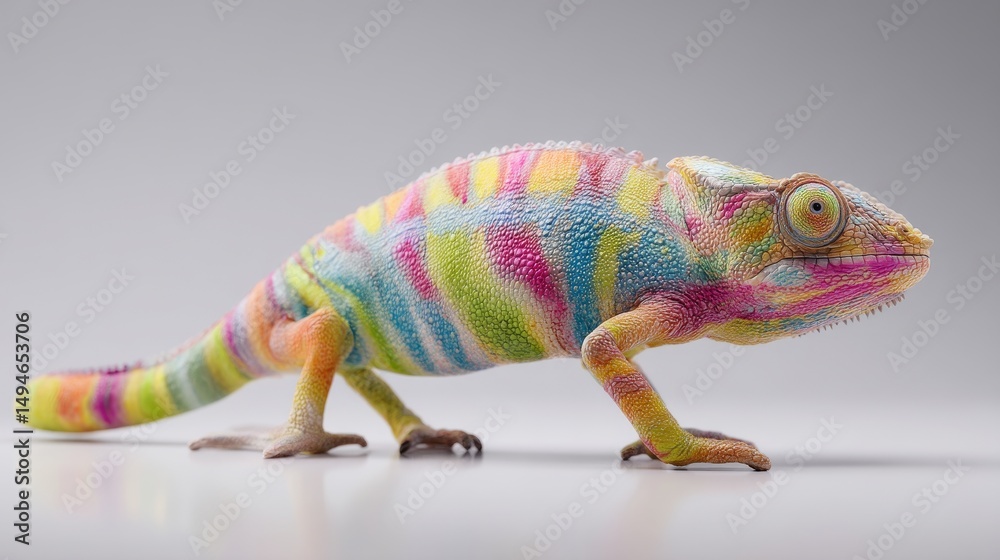 Obraz premium A vibrant chameleon showcasing a rainbow of colors in a striking pose.