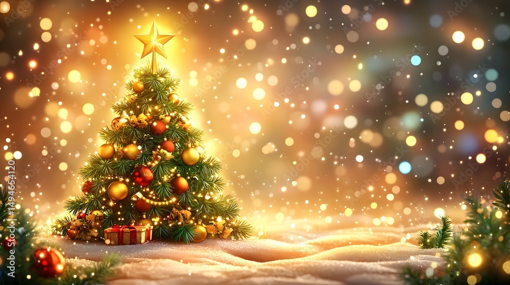 A beautifully decorated and illuminated Christmas tree stands among a serene snowy background A beautifully decorated and illuminated Christmas tree stands among a serene snowy background