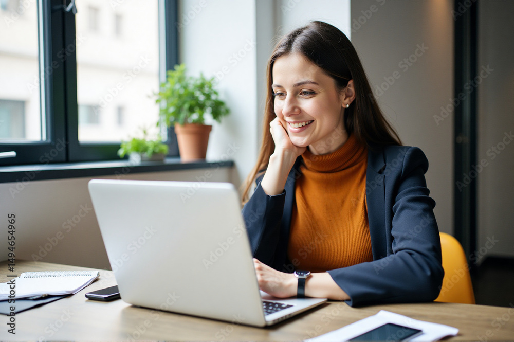 Woman sitting at a desk with a laptop computer in front of her. Woman sitting at a desk with a laptop computer in front of her.
