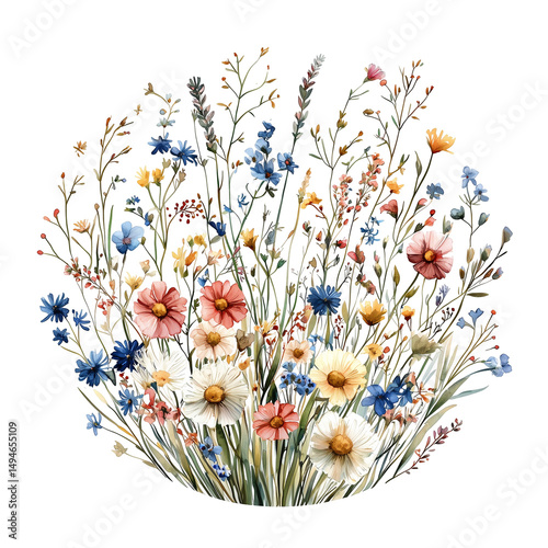 Watercolor floral arrangement of wildflowers daisies blossoms bouquet art isolated on  transparent  background 