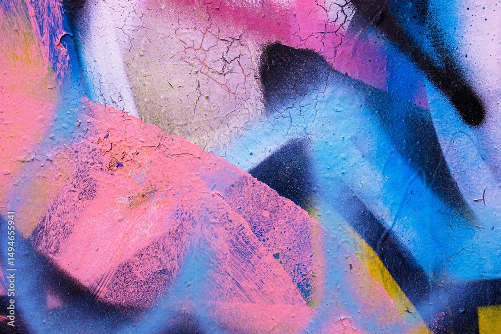 Obraz premium Abstract neon graffiti texture in iridescent blue, pink, black. Urban 90s style, crackled pattern, street art. Background, digital art, web header, modern 2000s, Y2K creative banner.