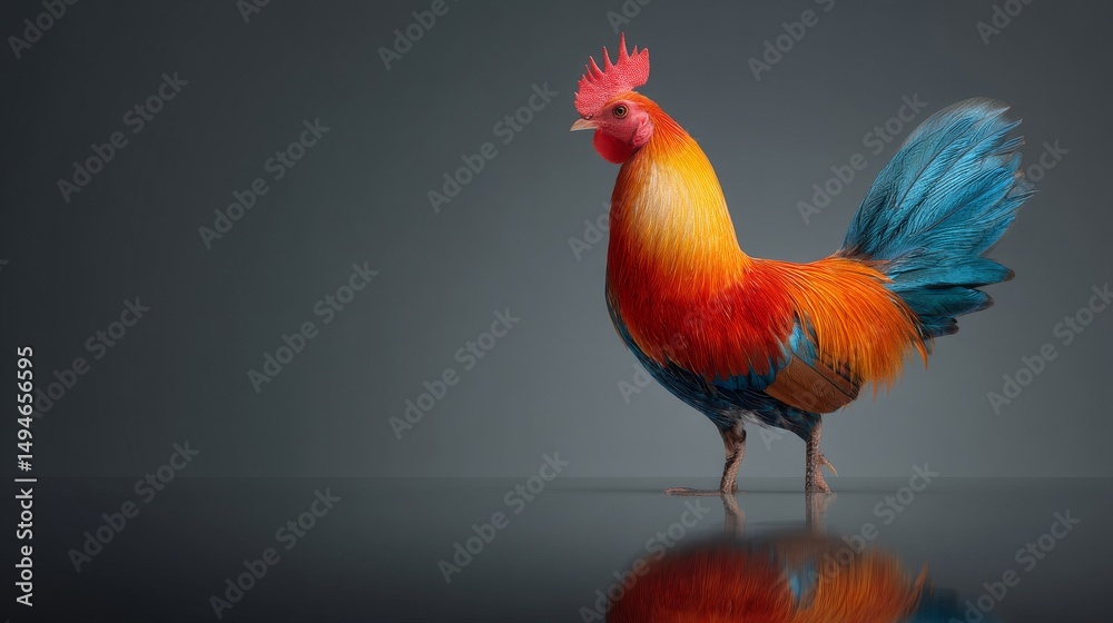 Fototapeta premium A vibrant rooster with vivid colors and impressive plumage stands gracefully.