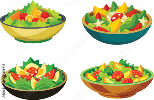 Colorful Salads in Bowls Healthy Food Illustration.