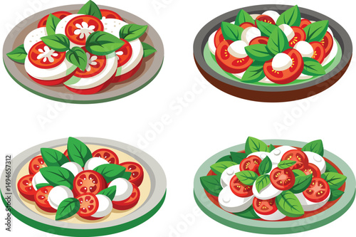Caprese salad, basil, tomato, mozzarella, olive oil, oregano, black pepper, sea salt on a dark plate, Vector illustration on a transparent background