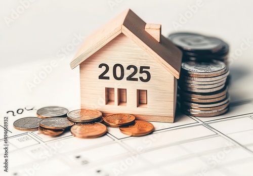 Wooden house model with and coins on calendar
