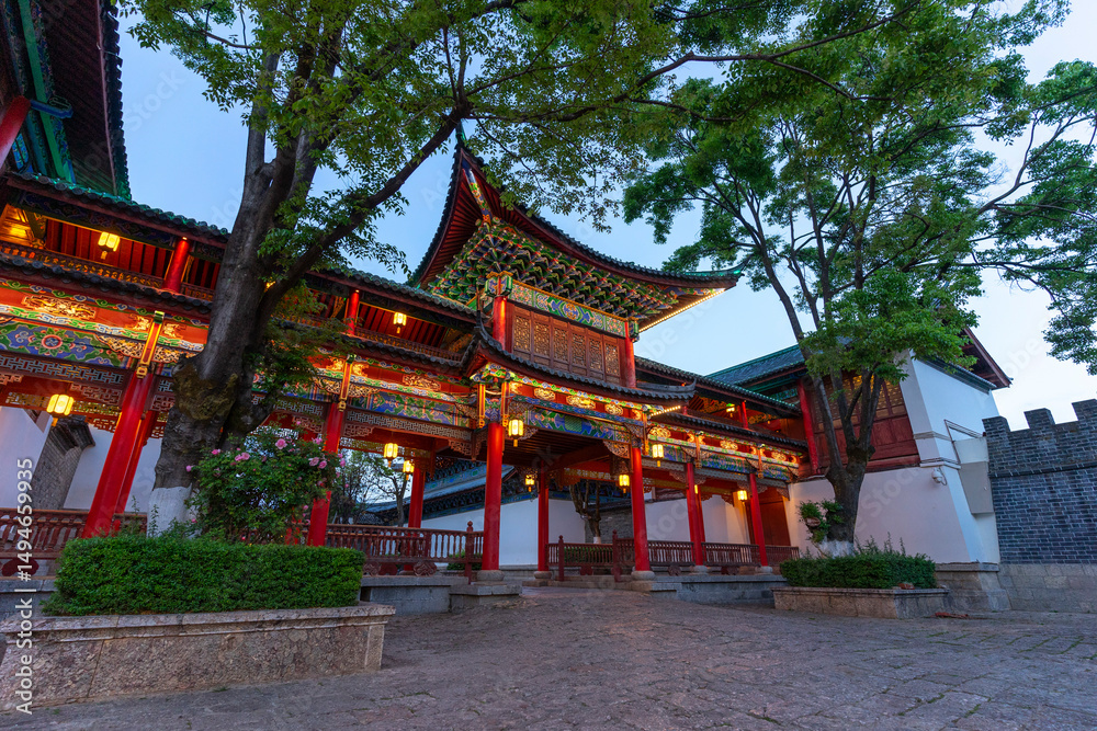 Fototapeta premium Beautiful image of Mufu Palace in Lijiang old town at evening light in Lijiang, China.