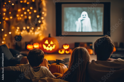 Family snuggled on sofa watching spooky Halloween movie, popcorn bowl on table, cozy blanket draped over them, jack-o'-lanterns glowing in dimly lit room.