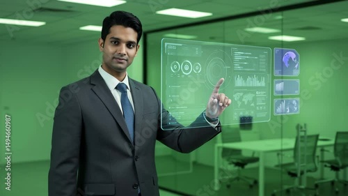 Businessman Touching Virtual Screen – Futuristic Tech Interaction Scene