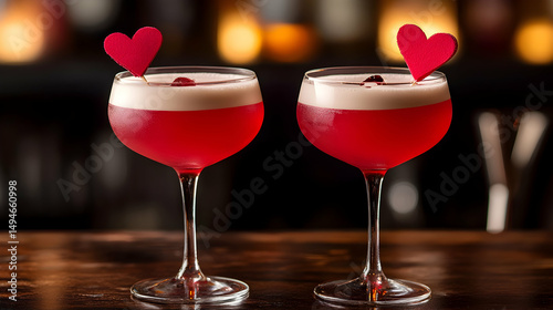 Two red cocktails adorned with heart decorations, ideal for a romantic evening celebration