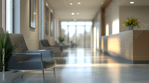 Unfocused Hospital Hallway with Reception Area Visible in Background
