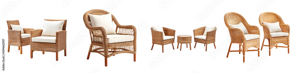 Fototapeta premium A collection of stylish and comfortable wicker chairs and armchairs perfect for creating a relaxing outdoor living space on a patio deck or porch