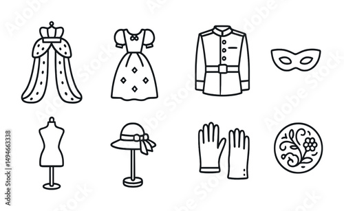 Costume and fashion outline icons set – wardrobe, style, clothing symbols