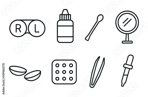 Vision and care outline icons set – eye health, optometry, and contact lens symbols