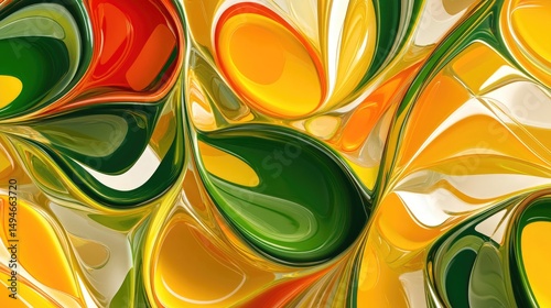 Abstract swirling artwork in vibrant oranges, yellows, and greens.  Glossy, fluid forms create a dynamic composition