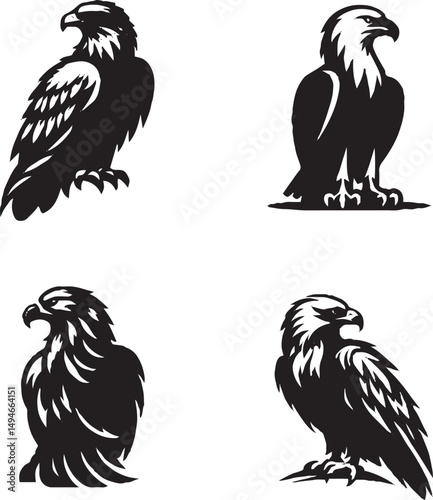 Black and White Eagle Illustrations in Various Poses