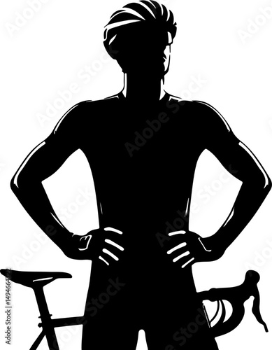 Silhouette of a Cyclist: A determined cyclist stands confidently beside their road bike. The silhouette, highlighting the strength and focus of the athlete, ready to embark on a challenging journey.	