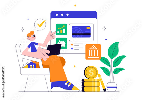 Mobile Banking Vector Illustration featuring a Wallet App for Payment via Phone and Wireless Cash Transactions using Credit and Debit Cards Background