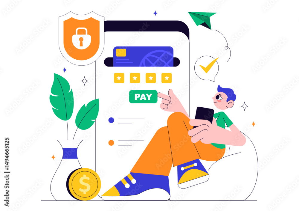 Fototapeta premium Mobile Banking Vector Illustration featuring a Wallet App for Payment via Phone and Wireless Cash Transactions using Credit and Debit Cards Background
