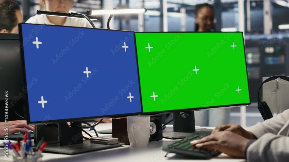 Data center engineer using green screen PC to monitor neural network AI. Server room employee using chroma key computer to oversee rigs powering machine learning processes, camera A