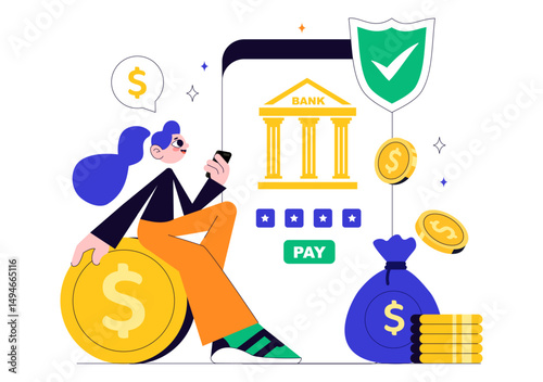 Mobile Banking Vector Illustration featuring a Wallet App for Payment via Phone and Wireless Cash Transactions using Credit and Debit Cards Background