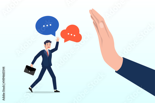 Businessman hand reject or deny employee request, rejection, decline or refuse in conversation, say no or disapprove, disagreement, deny request or manager decision authority, work conflict concept