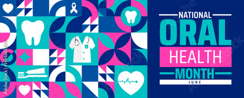 National Oral Health Month Geometric shape pattern background banner or poster design template. observed every year in June. Holiday concept. Use to any Template, card, poster, placard, template.