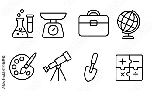 Science and education outline icons set – linear, academic, research symbols