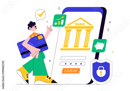 Mobile Banking Vector Illustration featuring a Wallet App for Payment via Phone and Wireless Cash Transactions using Credit and Debit Cards Background