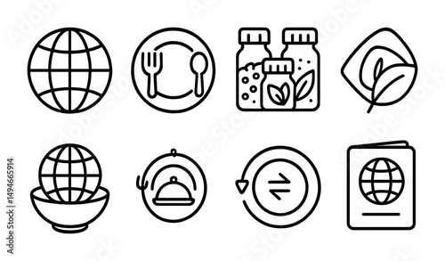 Sustainable travel outline icons set – globe, eco-friendly, dining symbols