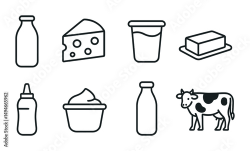 Dairy product outline icons set – milk, cheese, food and farm symbols