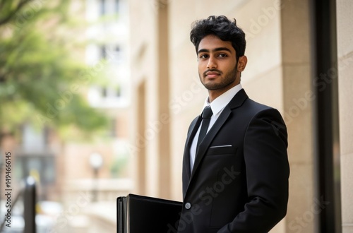 Indian lawyer in a black suit and white collar band, confidently standing outside a courthouse