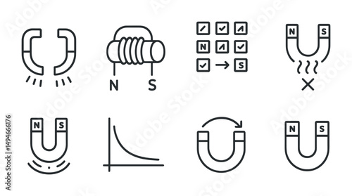 Magnetism and physics outline icons set – scientific, education, tech symbols