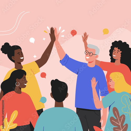 Diverse group of people celebrating with high-fives in a cheerful setting  