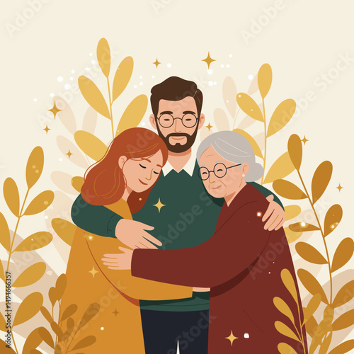 Family members hugging together surrounded by golden leaves  