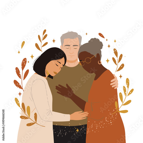 Three diverse friends embracing in a warm and supportive hug  